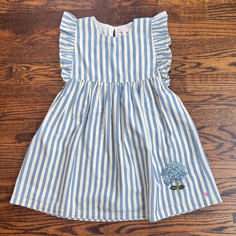 Pink Chicken Striped Blue & White Flutter-Sleeve Kids Dress w/ Floral Appliqué - Picture 2 of 7